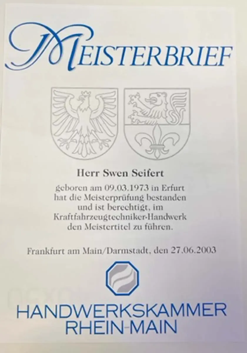 Meisterbrief Swen Seifert