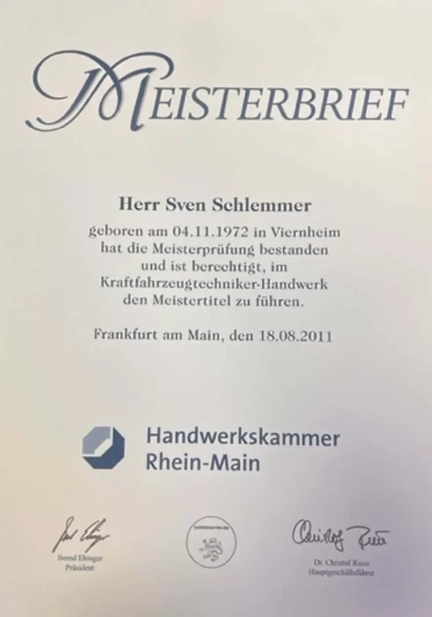 Meisterbrief Sven Schlemmer
